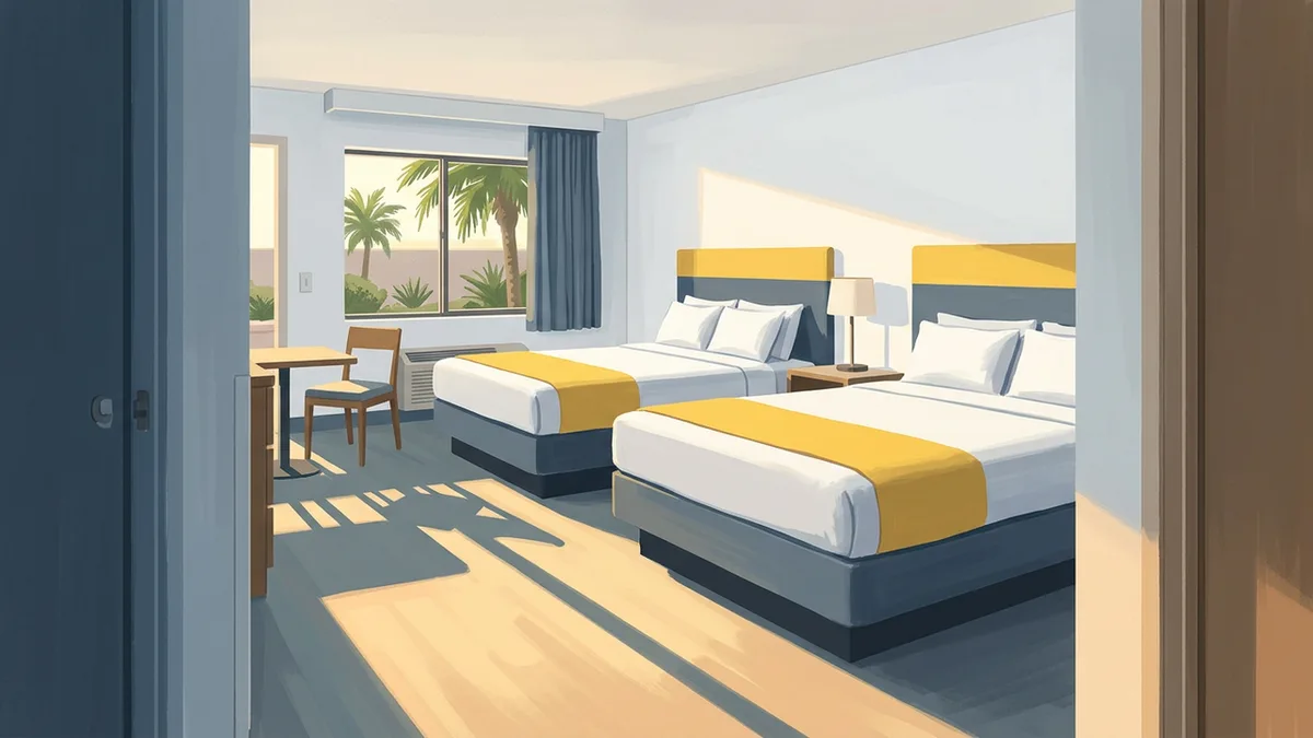Illustration of a compact, cheerful budget hotel room with two queen beds and a small table, with a window looking onto palms and low landscaping.