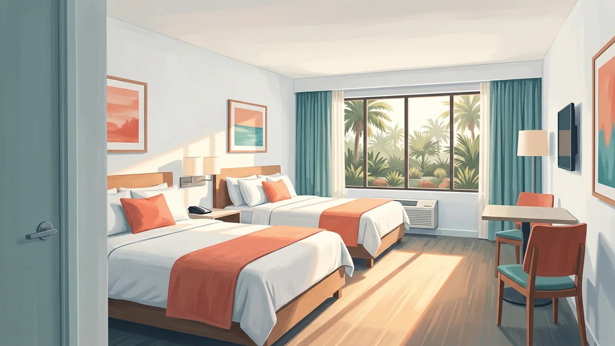 Illustration of a compact, cheerful budget hotel room with two queen beds and a small table, with a window looking onto palms and low landscaping.