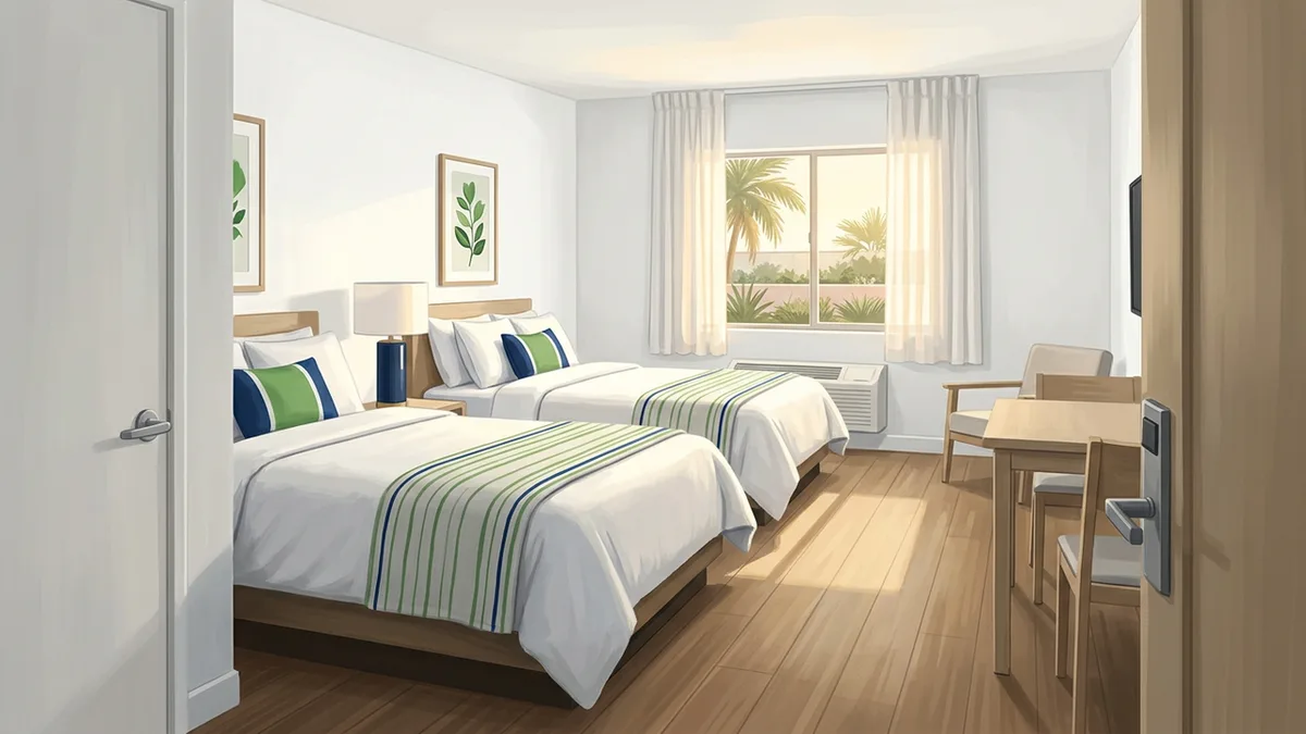 Illustration of a compact, cheerful budget hotel room with two queen beds and a small table, with a window looking onto palms and low landscaping.