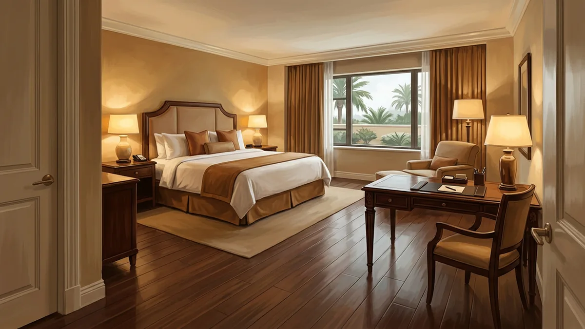 Illustration of a spacious upscale hotel room with a king bed, upholstered headboard, armchair and writing desk, with a window looking onto palms and low landscaping.
