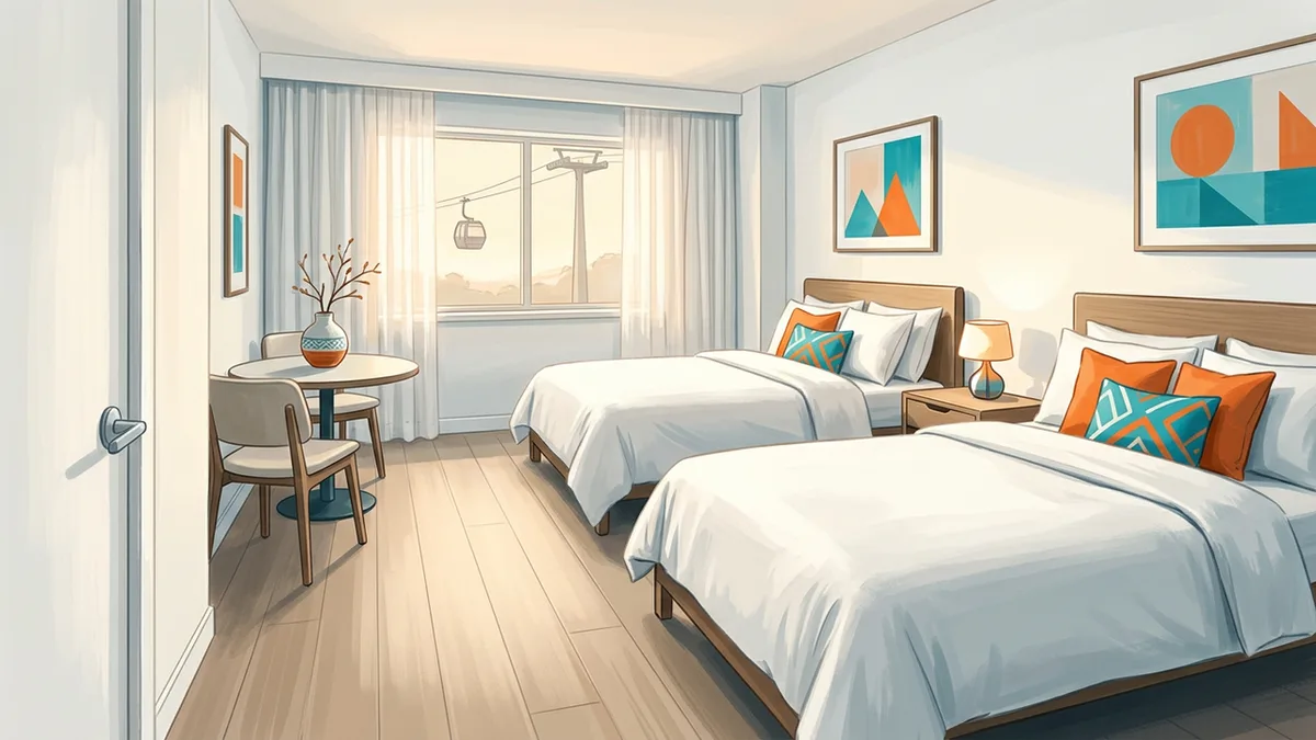 Illustration of a compact, cheerful budget hotel room with two queen beds and a small table, with a window looking onto a gondola cable in the distance.