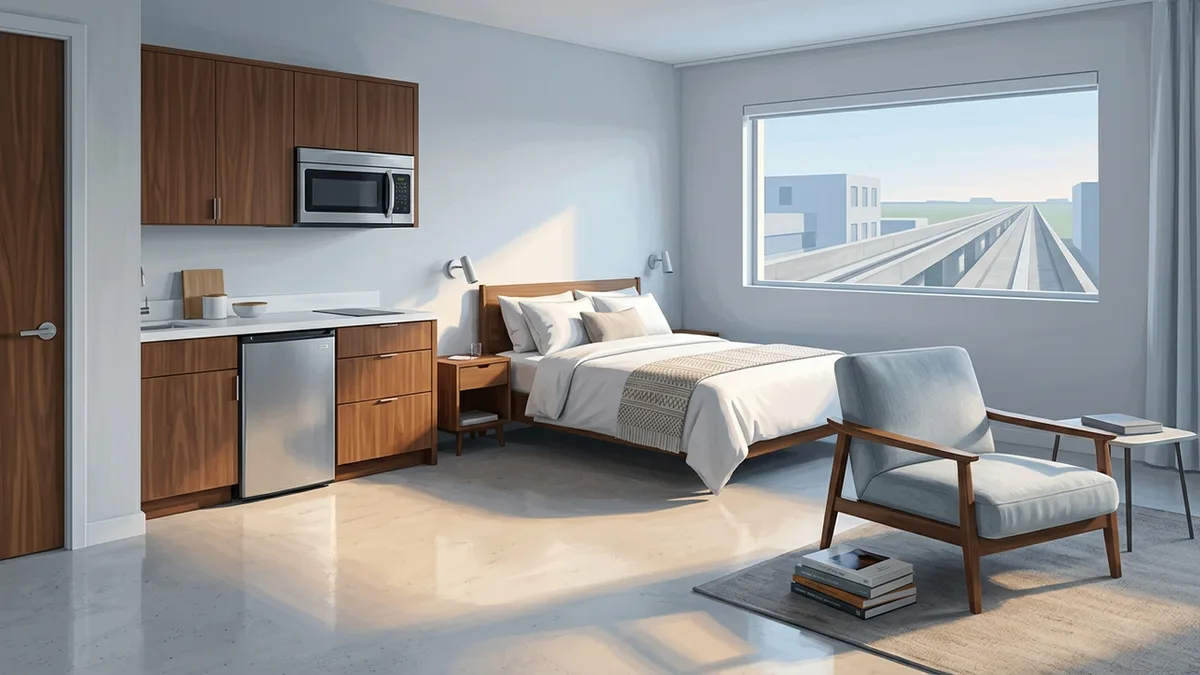 Illustration of a studio villa with a kitchenette, small fridge, microwave and counter, beside a queen bed, with a window looking onto an elevated guideway in the distance.