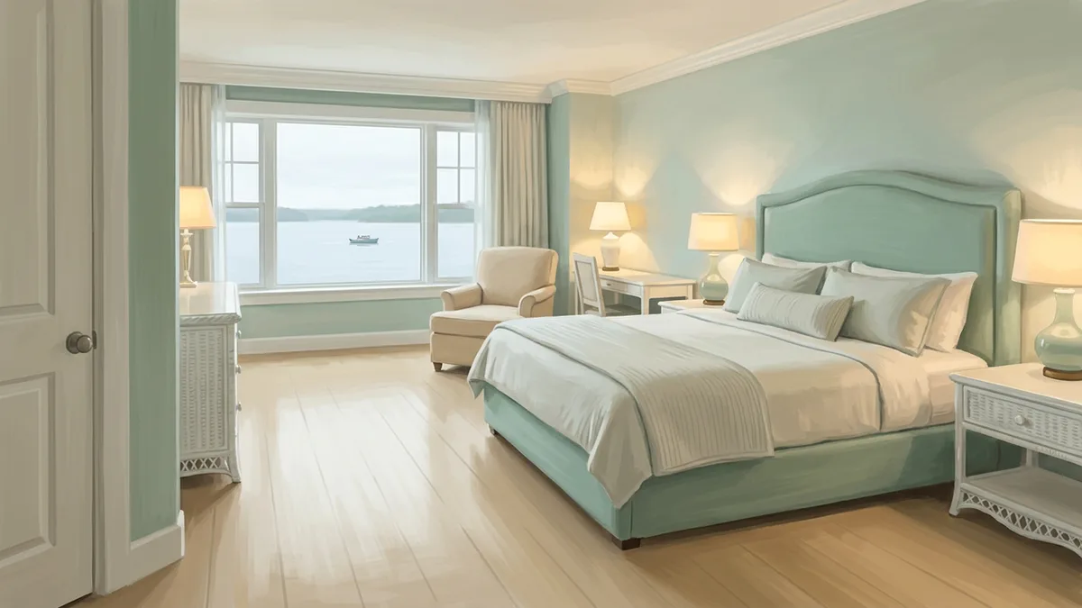 Illustration of a spacious upscale hotel room with a king bed, upholstered headboard, armchair and writing desk, with a window looking onto a lake with a small boat in the distance.