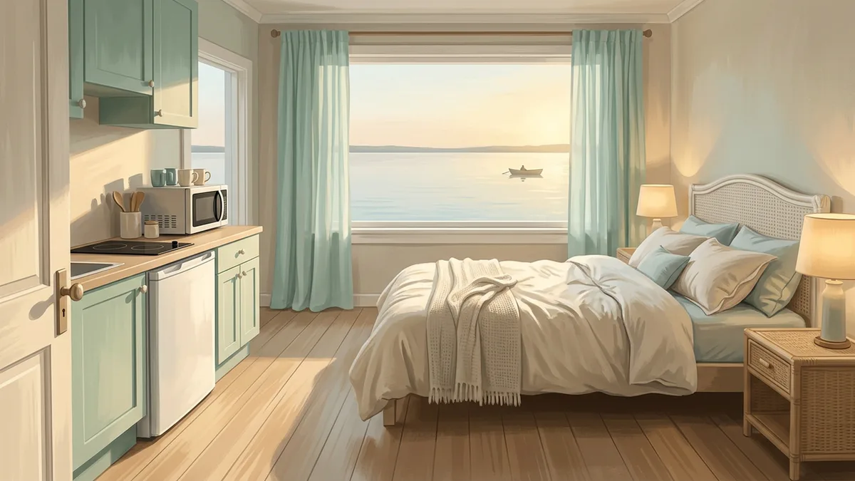 Illustration of a studio villa with a kitchenette, small fridge, microwave and counter, beside a queen bed, with a window looking onto a lake with a small boat in the distance.