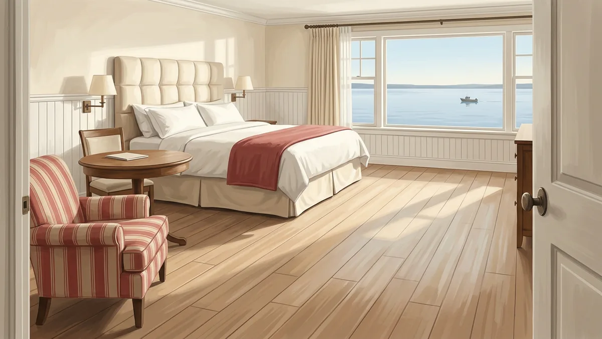 Illustration of a spacious upscale hotel room with a king bed, upholstered headboard, armchair and writing desk, with a window looking onto a lake with a small boat in the distance.
