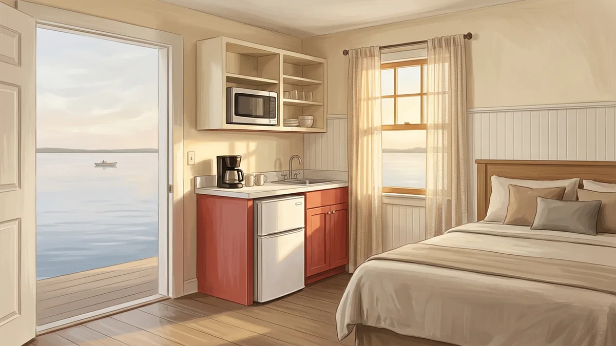 Illustration of a studio villa with a kitchenette, small fridge, microwave and counter, beside a queen bed, with a window looking onto a lake with a small boat in the distance.