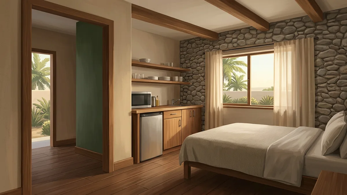 Illustration of a studio villa with a kitchenette, small fridge, microwave and counter, beside a queen bed, with a window looking onto palms and low landscaping.