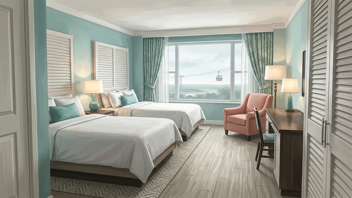 Illustration of a mid-range hotel room with two queen beds, a desk and a soft armchair, with a window looking onto a gondola cable in the distance.