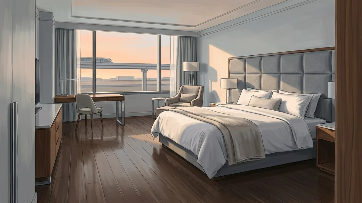 Illustration of a spacious upscale hotel room with a king bed, upholstered headboard, armchair and writing desk, with a window looking onto an elevated guideway in the distance.