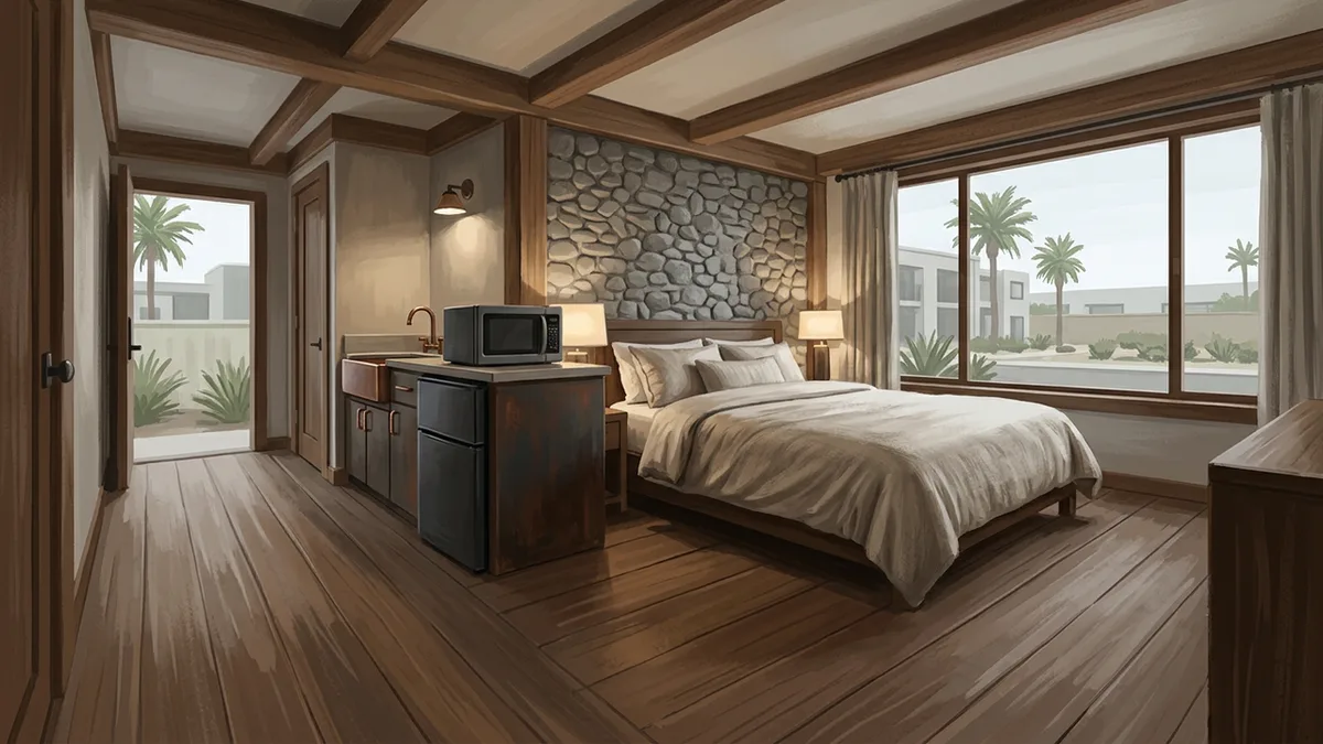 Illustration of a studio villa with a kitchenette, small fridge, microwave and counter, beside a queen bed, with a window looking onto palms and low landscaping.