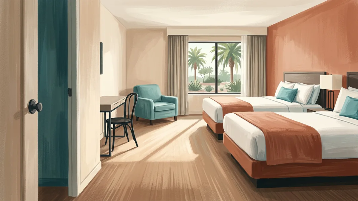 Illustration of a mid-range hotel room with two queen beds, a desk and a soft armchair, with a window looking onto palms and low landscaping.