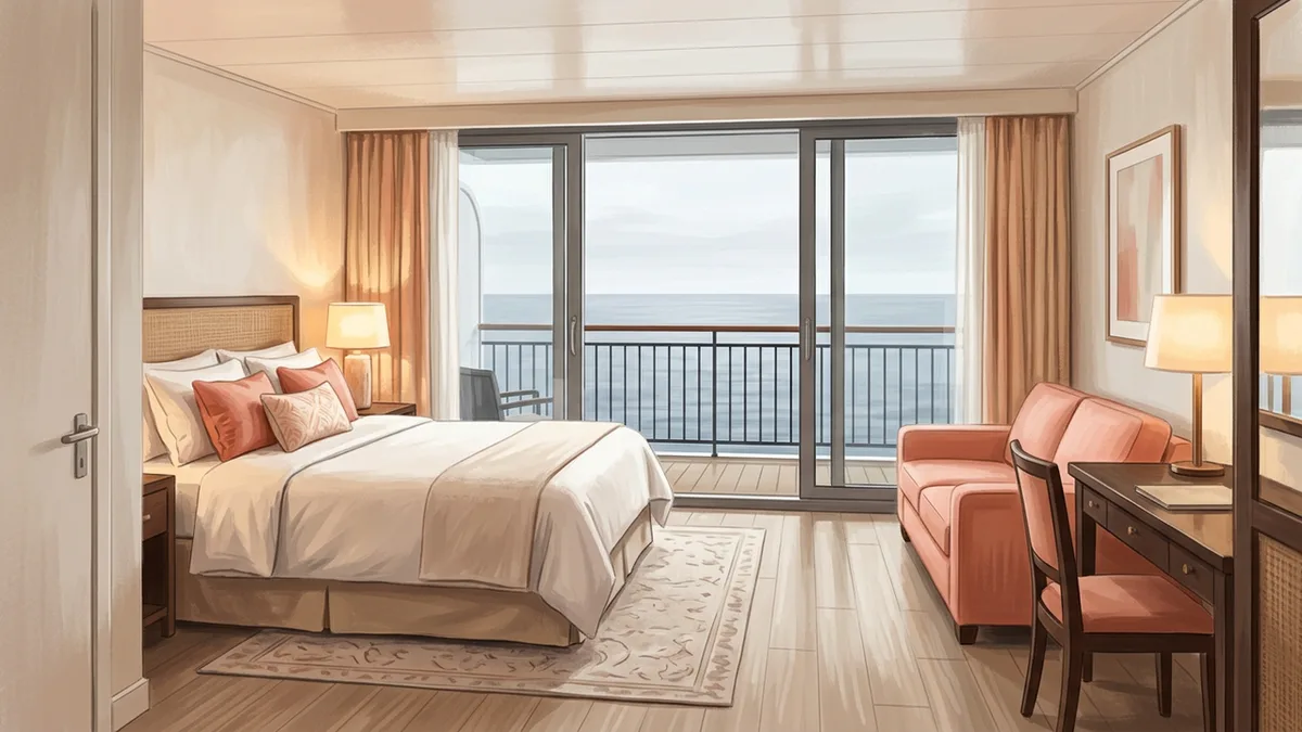 Illustration of a cruise ship stateroom with a queen bed, a coral sofa and a writing desk, and sliding glass doors onto a private verandah looking out over open ocean, in warm coral, natural rattan and soft cream.