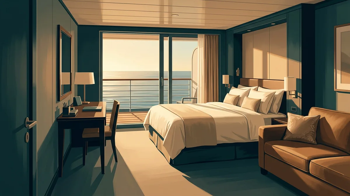 Illustration of a cruise ship stateroom with a queen bed, a small sofa and a writing desk, and sliding glass doors onto a private verandah looking out over open ocean, in deep teal, warm bronze and cream.