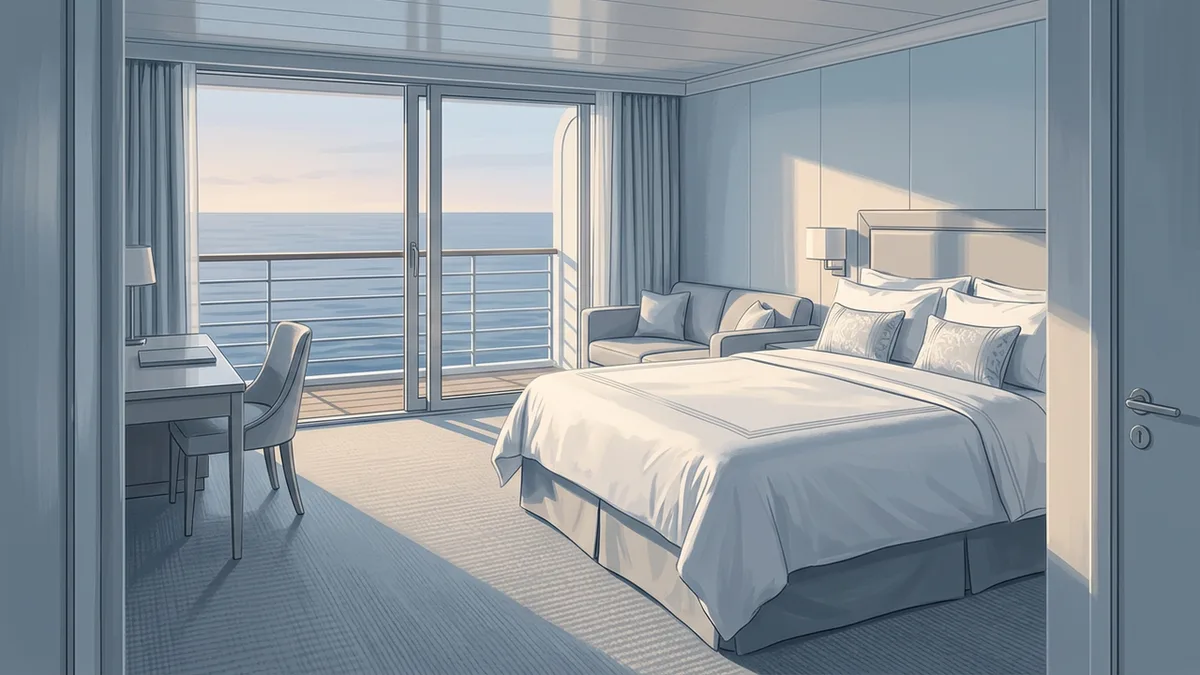 Illustration of a cruise ship stateroom with a queen bed, a small sofa and a writing desk, and sliding glass doors onto a private verandah looking out over open ocean, in soft powder blue, silver and pale grey.
