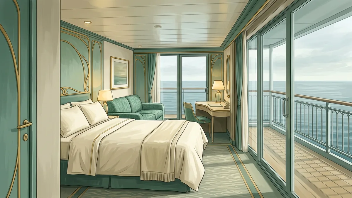 Illustration of a cruise ship stateroom with a queen bed, a green sofa and a writing desk, and sliding glass doors onto a private verandah looking out over open ocean, in sea green, warm gold and cream.