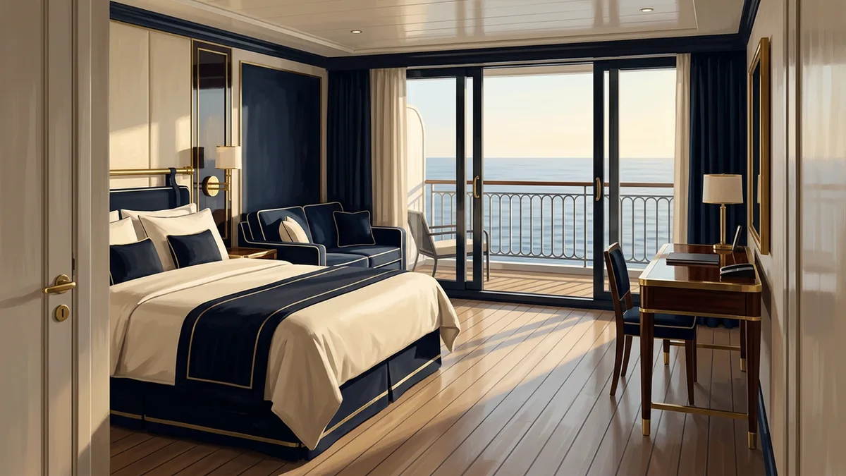 Illustration of a cruise ship stateroom with a queen bed, a small sofa and a writing desk, and sliding glass doors onto a private verandah looking out over open ocean, in deep navy, cream and polished brass.