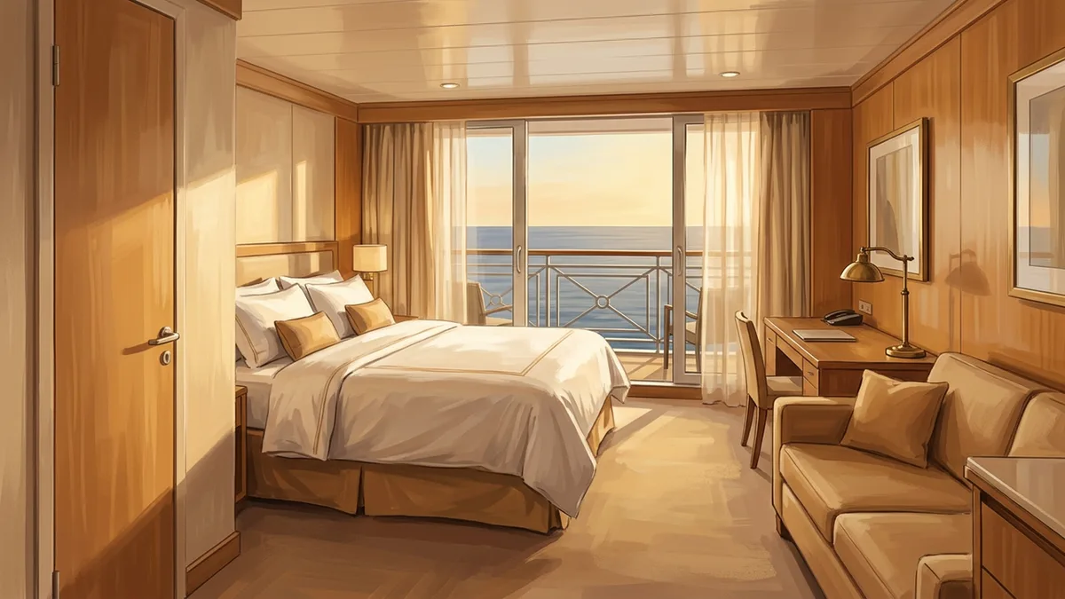 Illustration of a cruise ship stateroom with a queen bed, a small sofa and a writing desk, and sliding glass doors onto a private verandah looking out over open ocean, in warm sand, honey teak and aged brass.