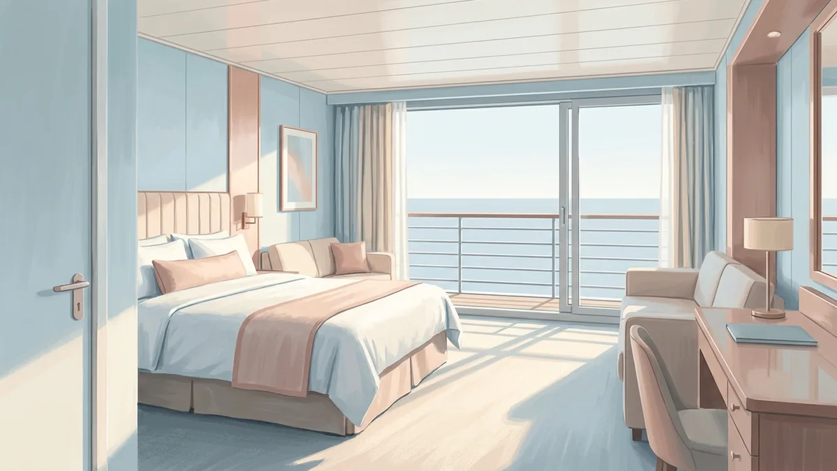 Illustration of a cruise ship stateroom with a queen bed, a small sofa and a writing desk, and sliding glass doors onto a private verandah looking out over open ocean, in pale sky blue, rose gold and soft cream.