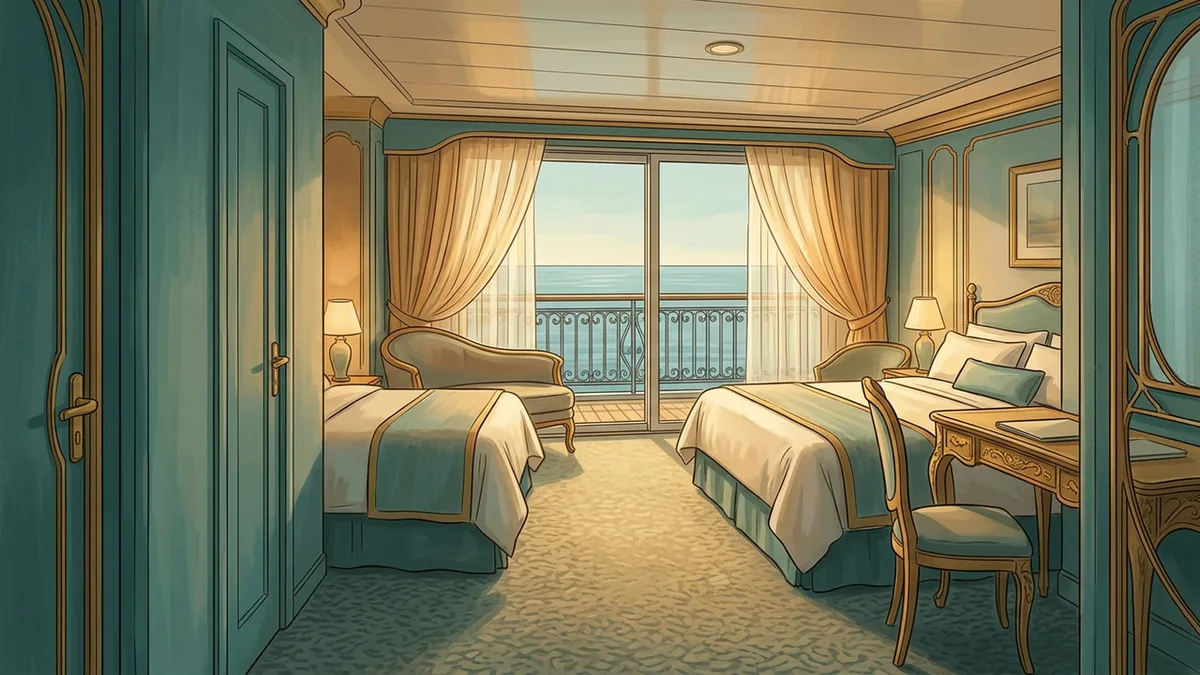 Illustration of a cruise ship stateroom with a queen bed, a chaise and a writing desk, and sliding glass doors onto a private verandah looking out over open ocean, in teal, amber and antique gold with curved art-nouveau lines.