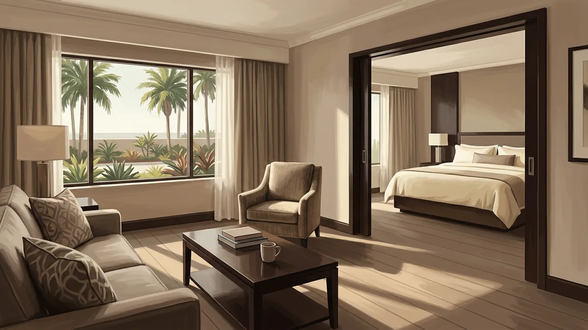 Illustration of a two-room hotel suite seen from the living area, a sofa, a coffee table and an armchair in front, the bedroom with a made-up bed visible through a wide doorway, with a window looking onto palms and low landscaping.