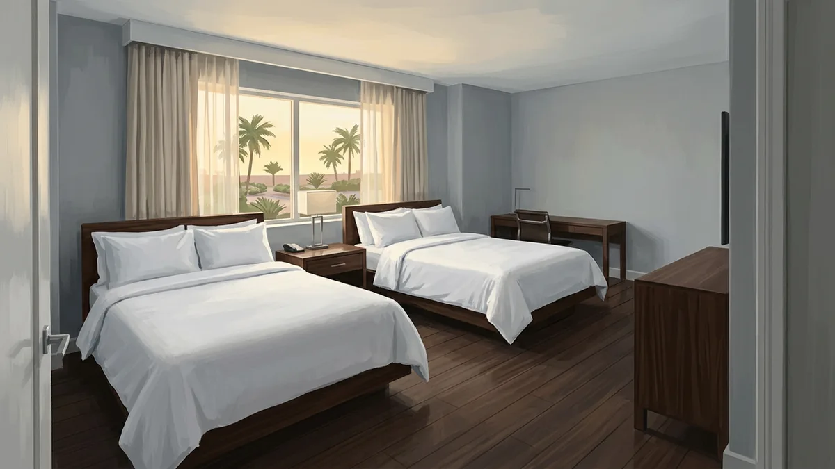 Illustration of a clean contemporary hotel room with two queen beds and a work desk, with a window looking onto palms and low landscaping.
