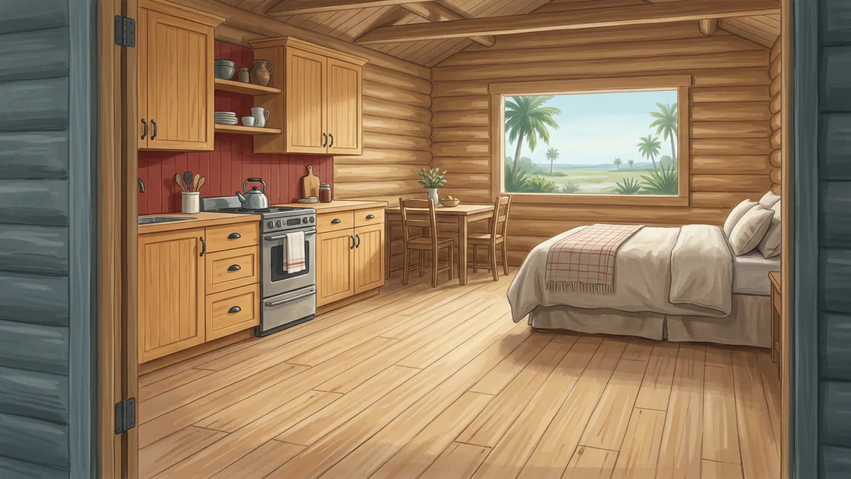 Illustration of the interior of a small free-standing holiday cabin with honey-coloured log walls, a full kitchen along one wall, a dining table and a made-up bed beyond, with a window looking onto palms and low landscaping.