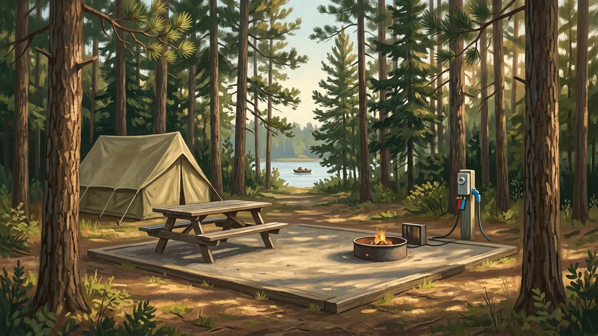 Illustration of an outdoor campsite pitch at a wooded resort campground, a level pad with a picnic table, a fire ring and a power and water hookup post, tall pines around it, with a glimpse of a lake with a small boat in the distance beyond the trees.