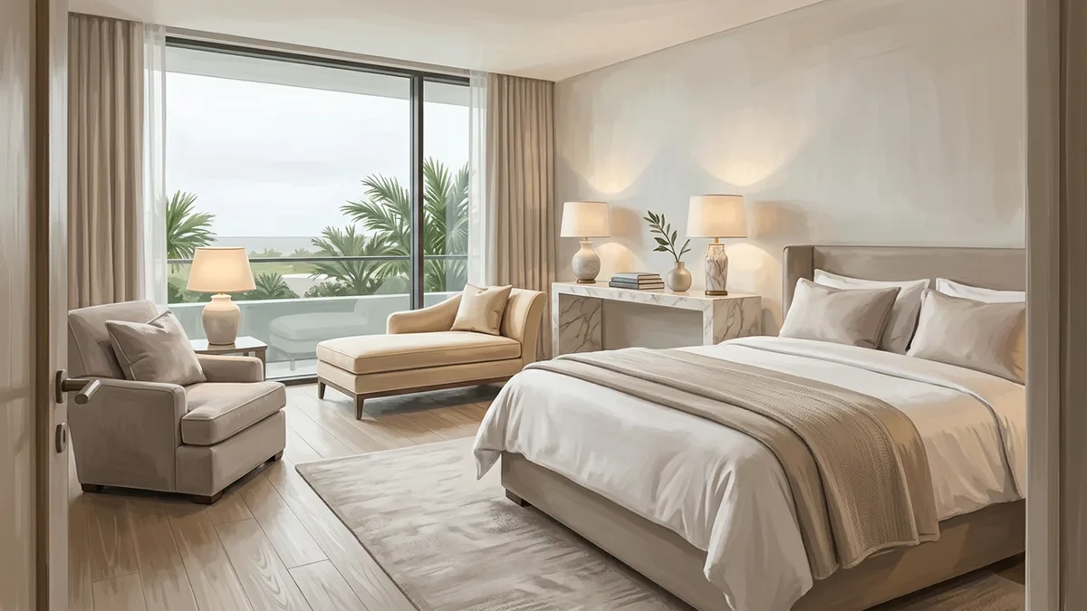 Illustration of a large luxury hotel room with a king bed, a chaise by a floor-to-ceiling window, a marble-topped console and a deep armchair, with a window looking onto palms and low landscaping.