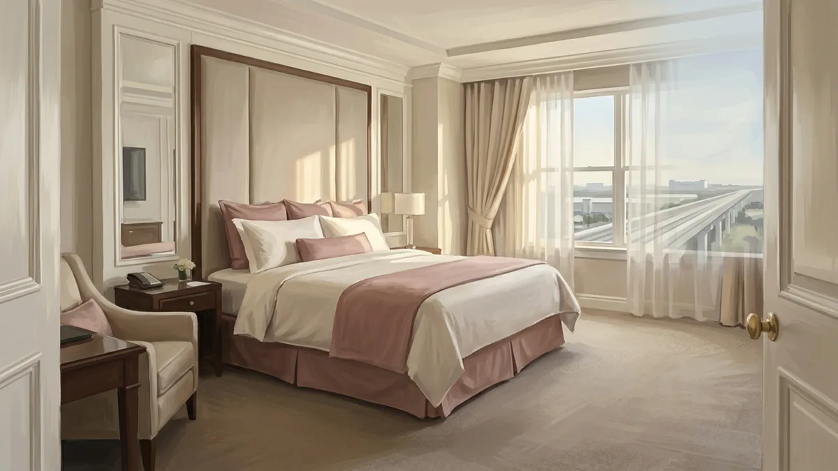 Illustration of a spacious upscale hotel room with a king bed, upholstered headboard, armchair and writing desk, with a window looking onto an elevated guideway in the distance.