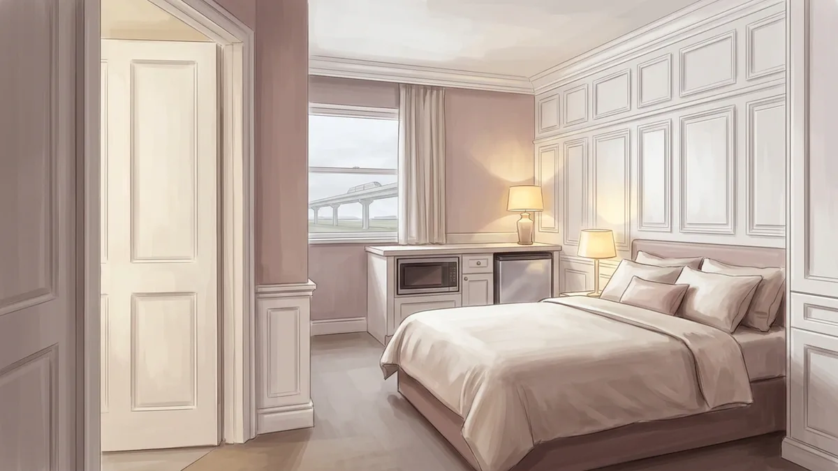 Illustration of a studio villa with a kitchenette, small fridge, microwave and counter, beside a queen bed, with a window looking onto an elevated guideway in the distance.