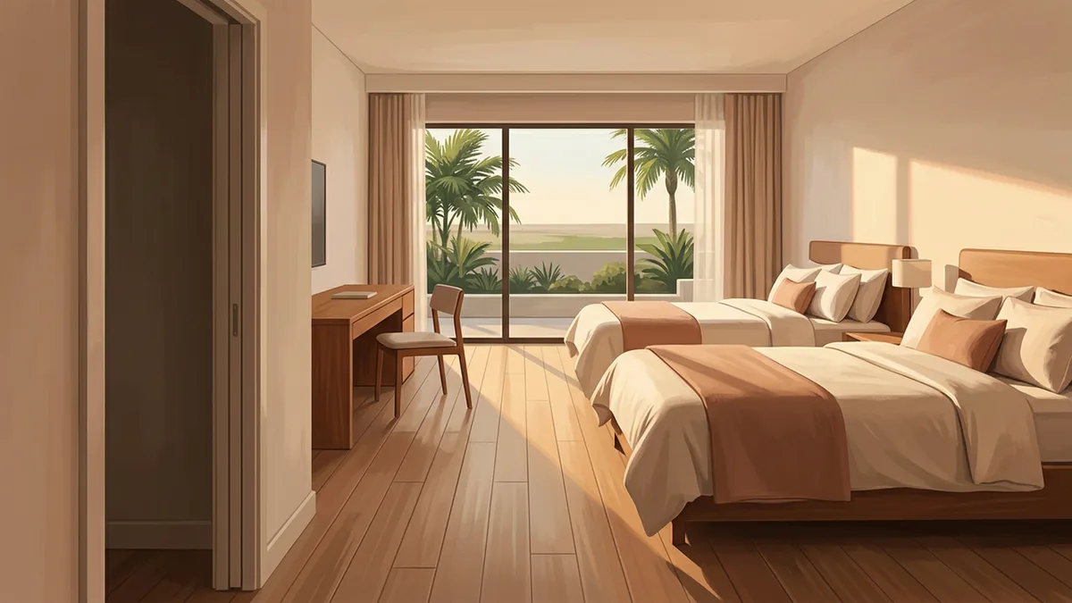 Illustration of a clean contemporary hotel room with two queen beds and a work desk, with a window looking onto palms and low landscaping.