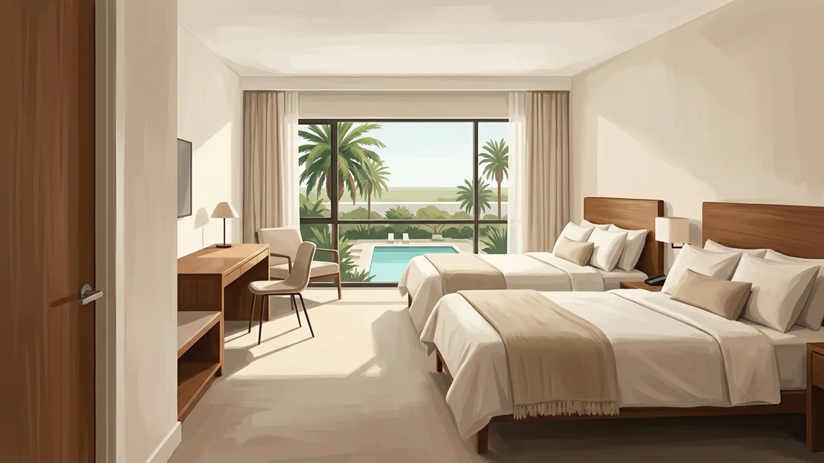 Illustration of a clean contemporary hotel room with two queen beds and a work desk, with a window looking onto palms and low landscaping.