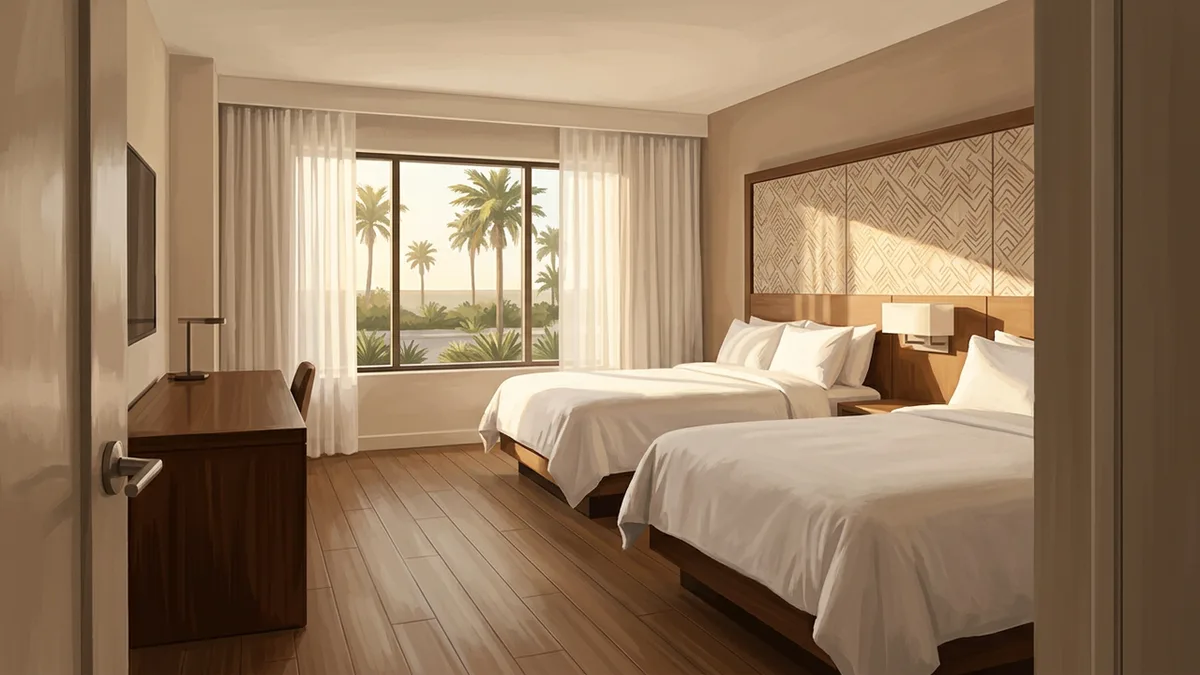 Illustration of a clean contemporary hotel room with two queen beds and a work desk, with a window looking onto palms and low landscaping.