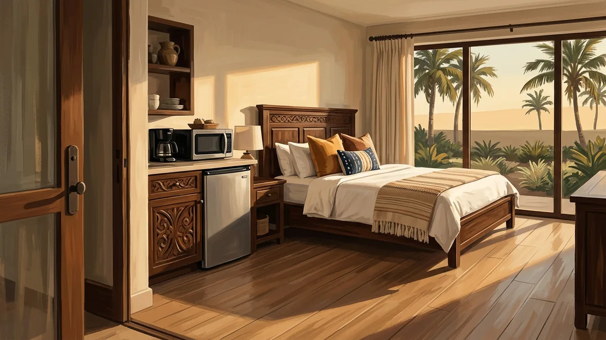 Illustration of a studio villa with a kitchenette, small fridge, microwave and counter, beside a queen bed, with a window looking onto palms and low landscaping.
