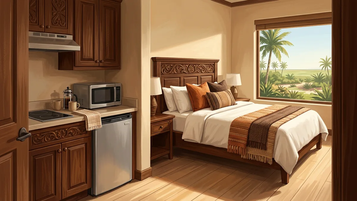 Illustration of a studio villa with a kitchenette, small fridge, microwave and counter, beside a queen bed, with a window looking onto palms and low landscaping.