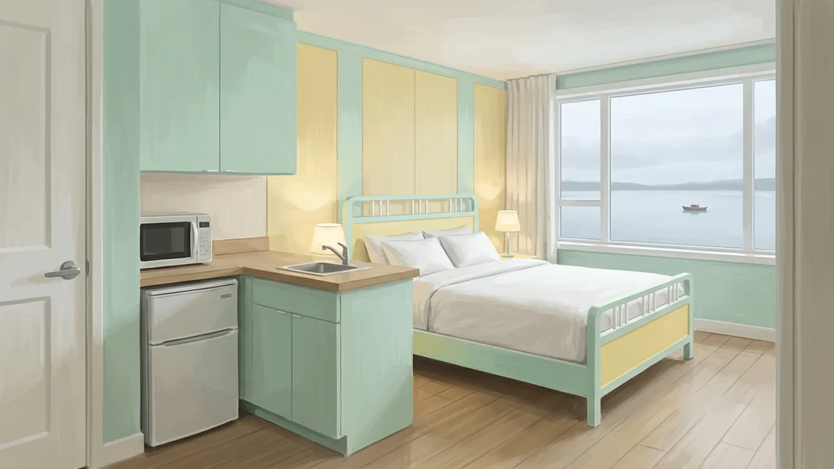 Illustration of a studio villa with a kitchenette, small fridge, microwave and counter, beside a queen bed, with a window looking onto a lake with a small boat in the distance.