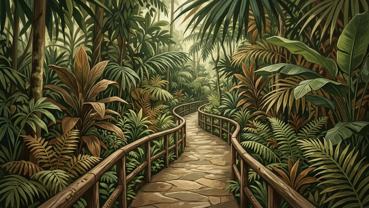 Illustration of a shaded winding walkway beneath a dense tropical canopy, with hand-carved timber railings, ferns and broad-leaved planting crowding both sides.