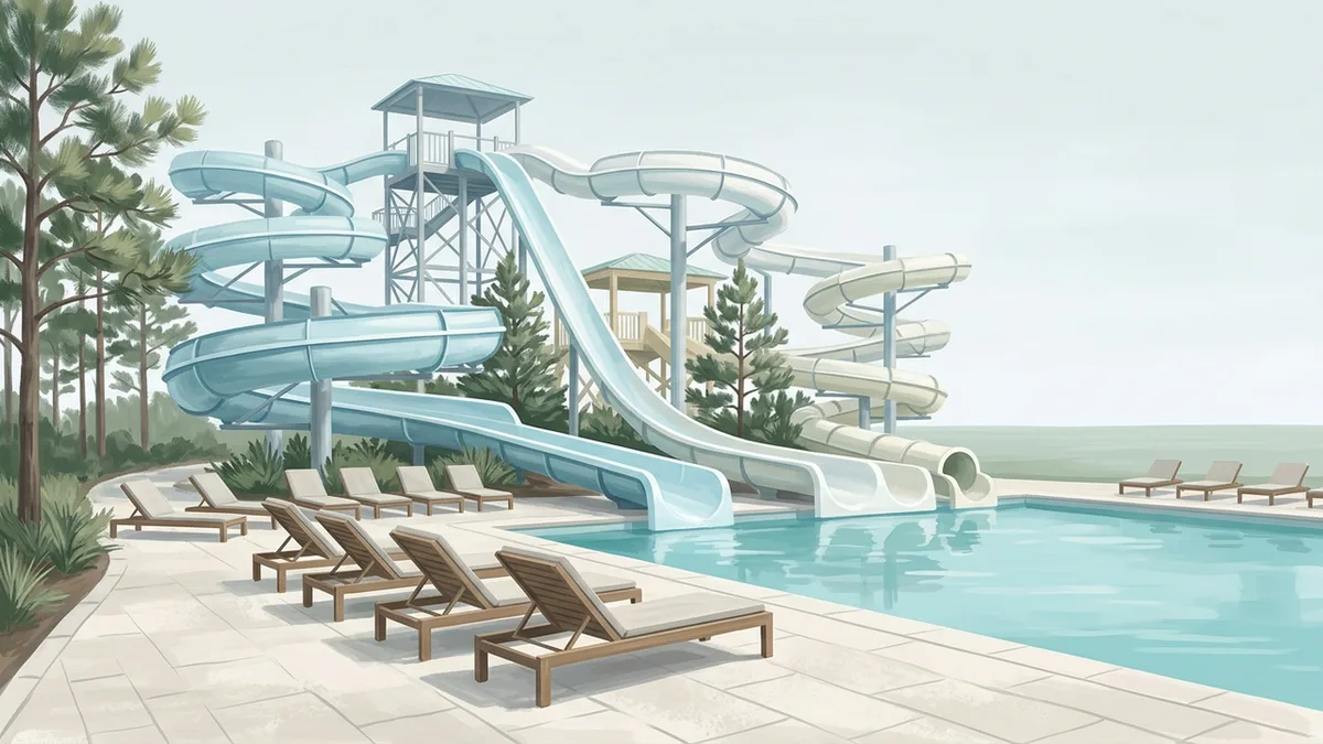 Illustration of a water park deck with tall winding waterslide flumes on scaffold towers, loungers on pale paving and a turquoise splash pool.