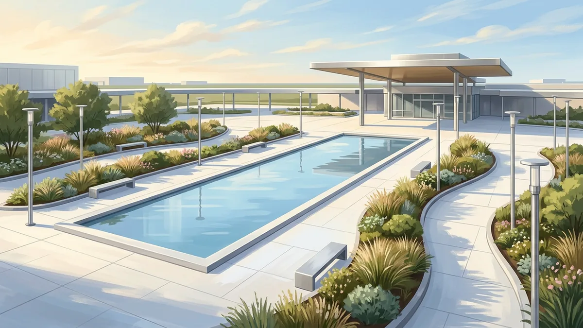 Illustration of a wide landscaped plaza with a long rectangular reflecting pool, curved beds of ornamental grasses and flowering shrubs, and a pavilion with a broad canopy.
