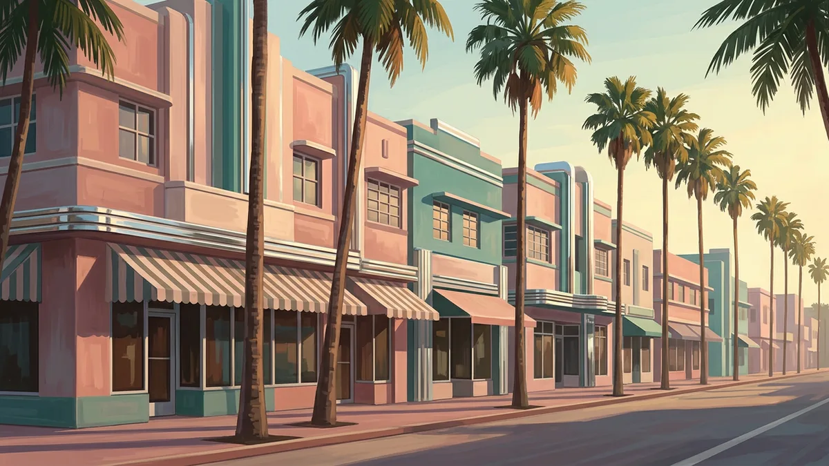 Illustration of a boulevard of 1930s art-deco storefronts with striped canvas awnings and chrome trim, tall palms along the kerb.