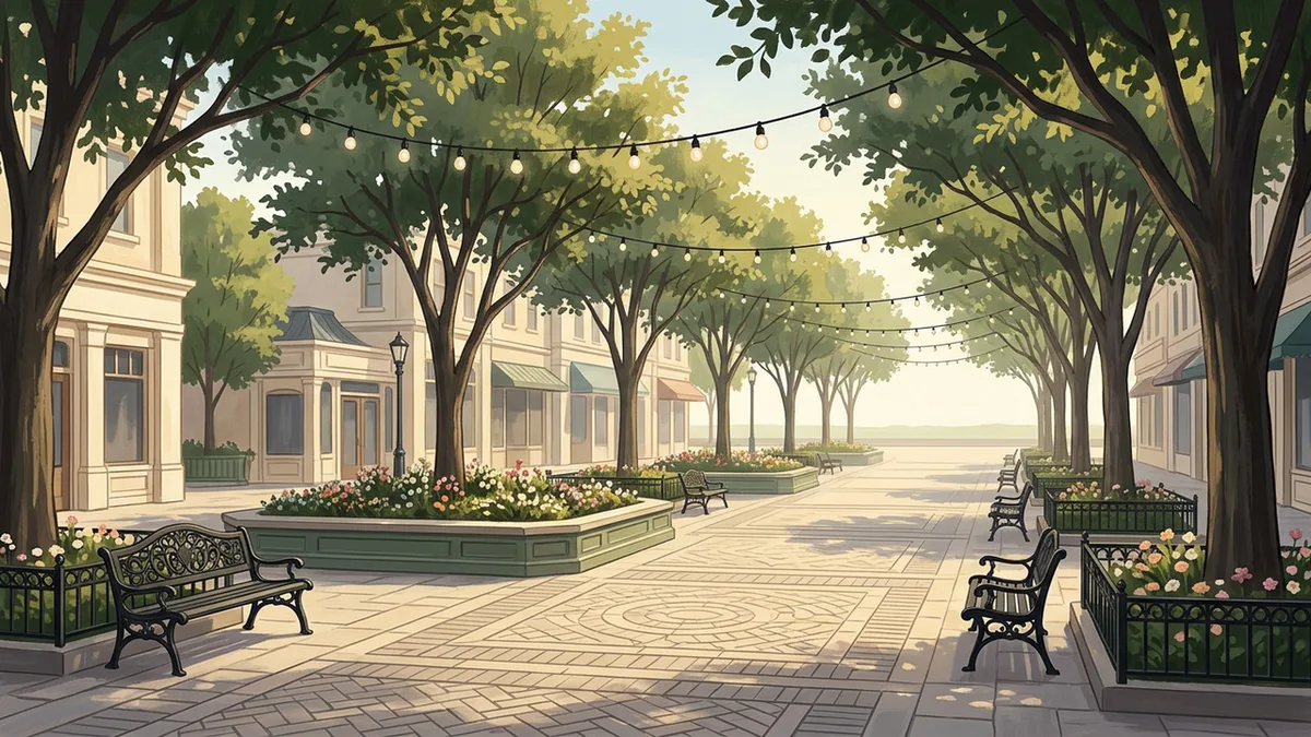 Illustration of a broad theme-park promenade lined with mature shade trees, raised flower beds and cast-iron benches, with string lights overhead.