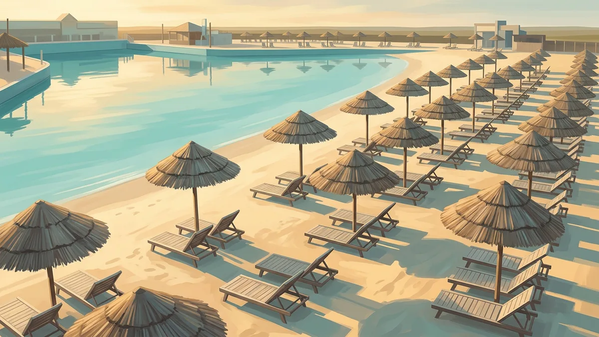 Illustration of a water park beach of pale sand with rows of loungers under palm-thatch umbrellas, beside the edge of a large wave pool.