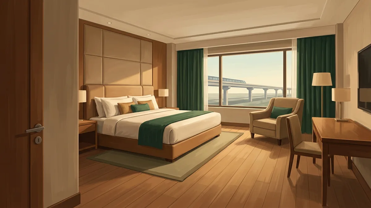 Illustration of a spacious upscale hotel room with a king bed, upholstered headboard, armchair and writing desk, with a window looking onto an elevated guideway in the distance.