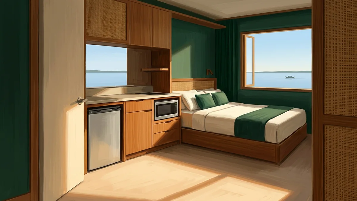Illustration of a studio villa with a kitchenette, small fridge, microwave and counter, beside a queen bed, with a window looking onto a lake with a small boat in the distance.