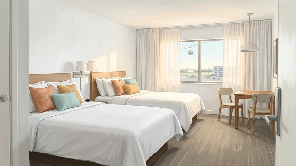 Illustration of a compact, cheerful budget hotel room with two queen beds and a small table, with a window looking onto a gondola cable in the distance.