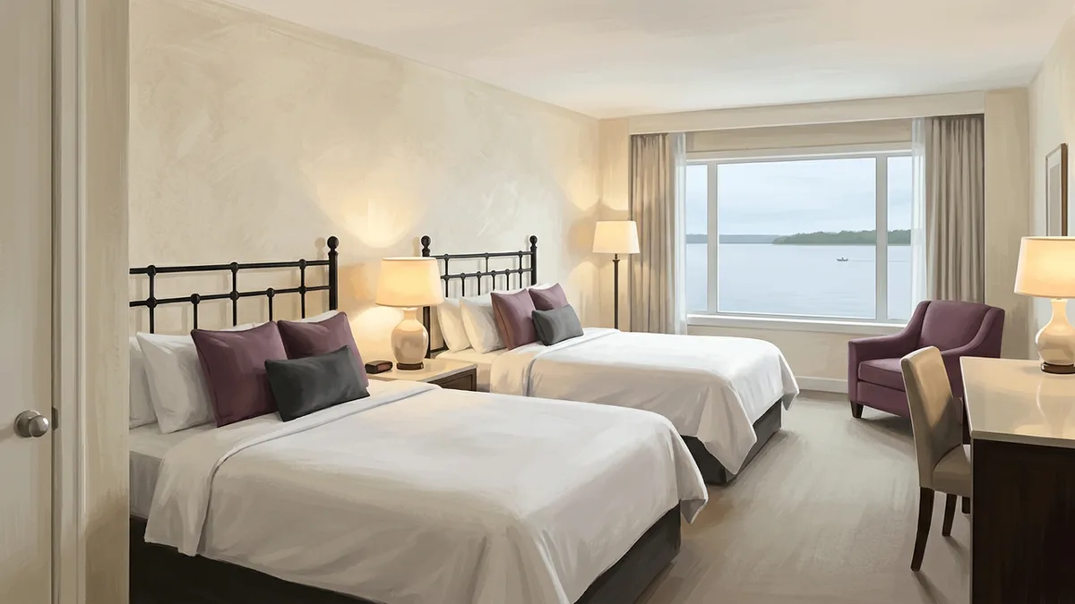 Illustration of a mid-range hotel room with two queen beds, a desk and a soft armchair, with a window looking onto a lake with a small boat in the distance.
