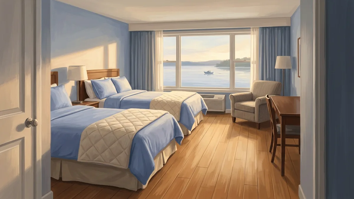Illustration of a mid-range hotel room with two queen beds, a desk and a soft armchair, with a window looking onto a lake with a small boat in the distance.