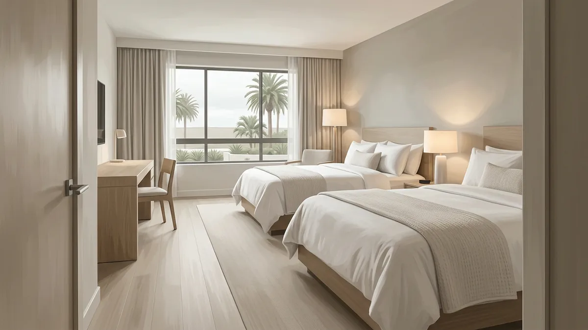Illustration of a clean contemporary hotel room with two queen beds and a work desk, with a window looking onto palms and low landscaping.