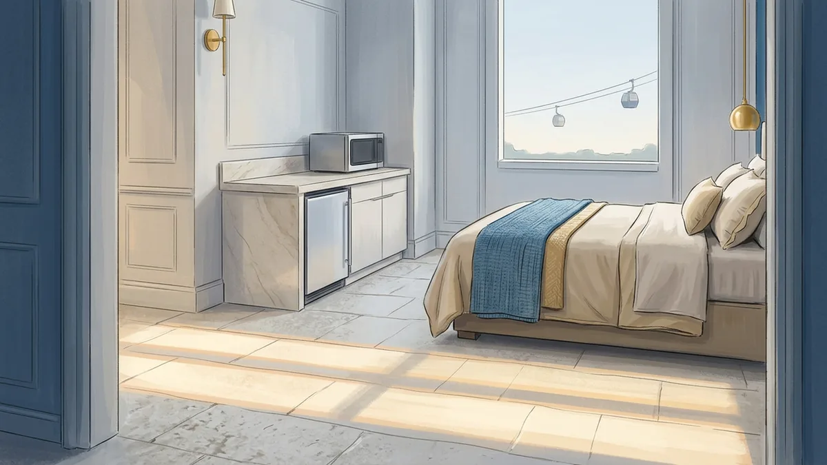 Illustration of a studio villa with a kitchenette, small fridge, microwave and counter, beside a queen bed, with a window looking onto a gondola cable in the distance.