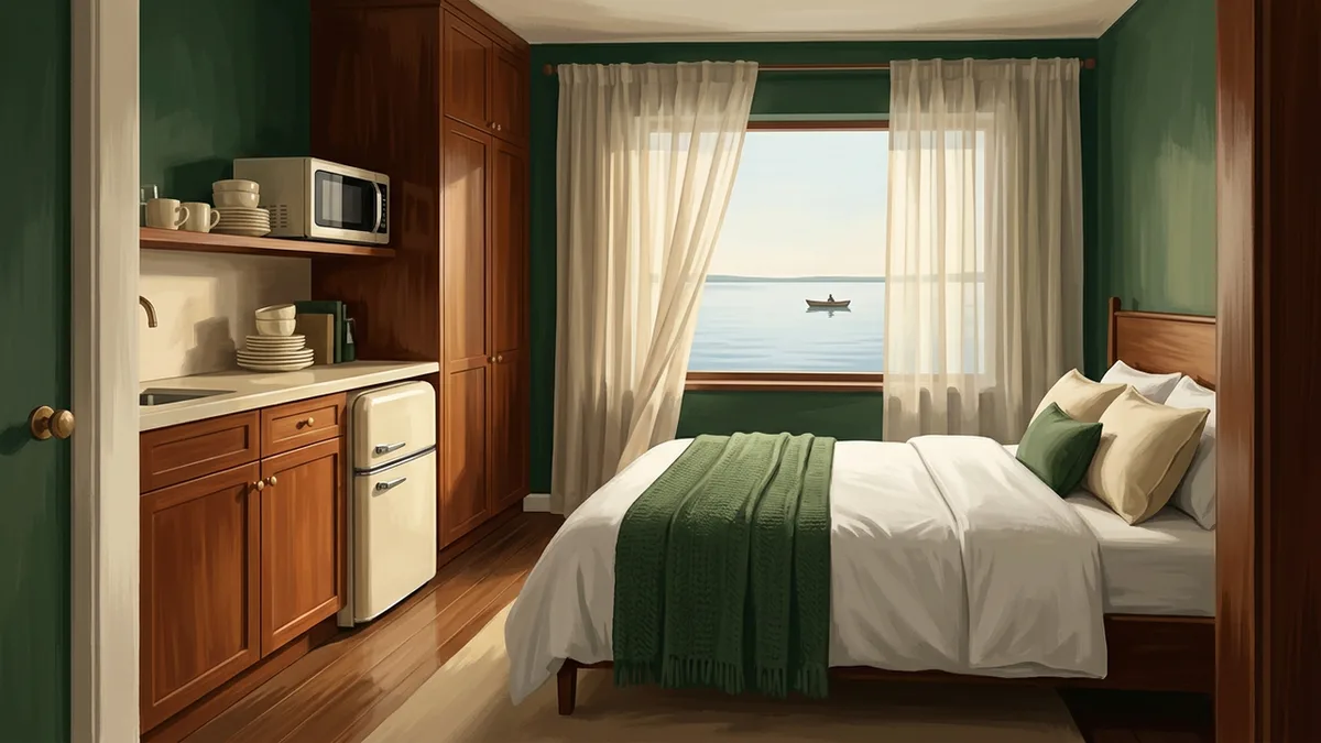 Illustration of a studio villa with a kitchenette, small fridge, microwave and counter, beside a queen bed, with a window looking onto a lake with a small boat in the distance.